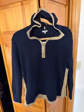 T by Talbots  Half Zip Hooded Tunic Sweater Navy & Khaki Medium NWT
